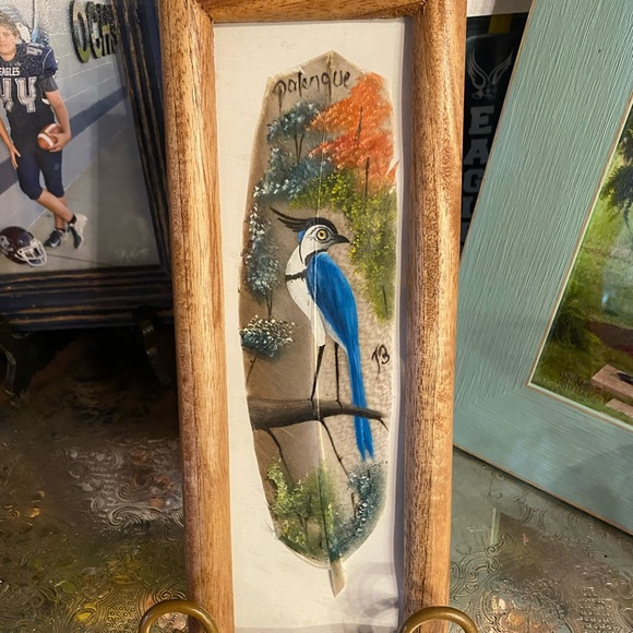 Vintage hand painted feather art bluebird